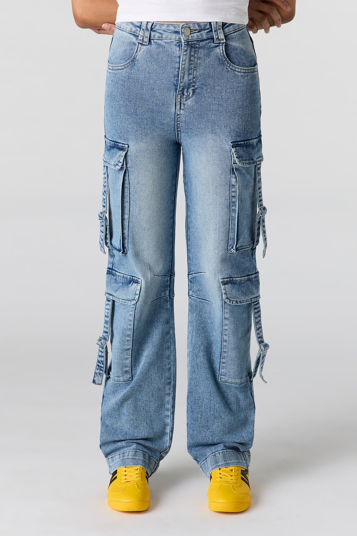 Alt View 2. Low Rise Denim Cargo Strap Jean - Sky Blue