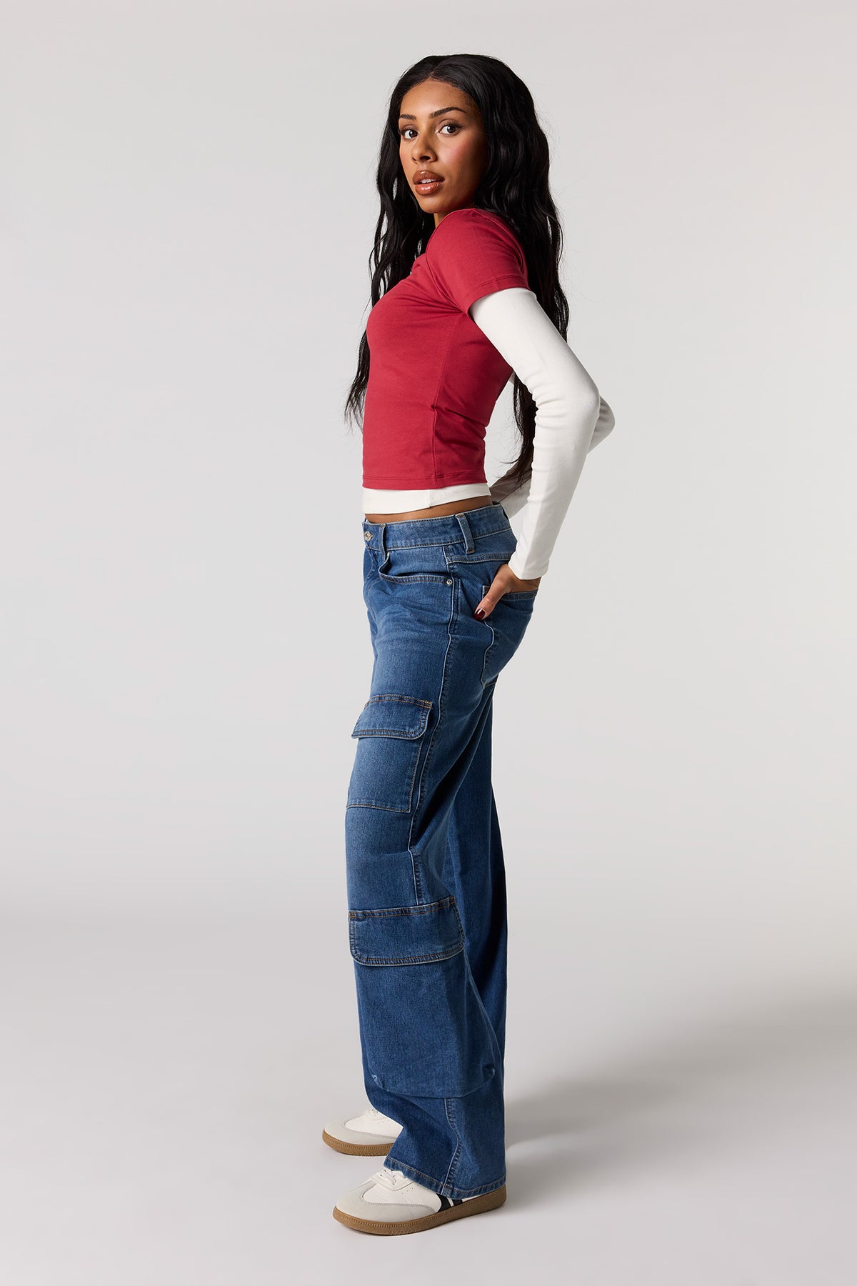 Alt View 4. Low Rise Baggy Cargo Jean - Denim Blue