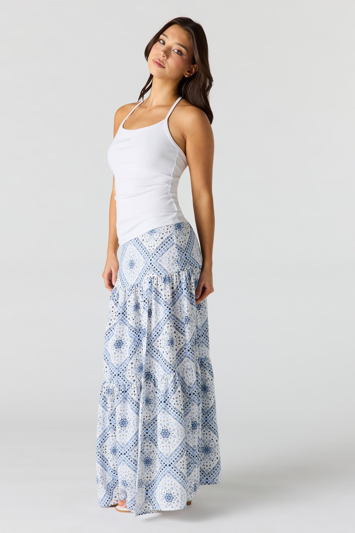 Alt View 2. Printed Flowy Tiered Slit Maxi Skirt - White