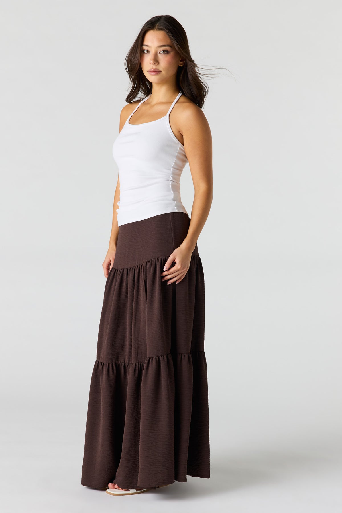 Alt View 2. Printed Flowy Tiered Slit Maxi Skirt - Brown