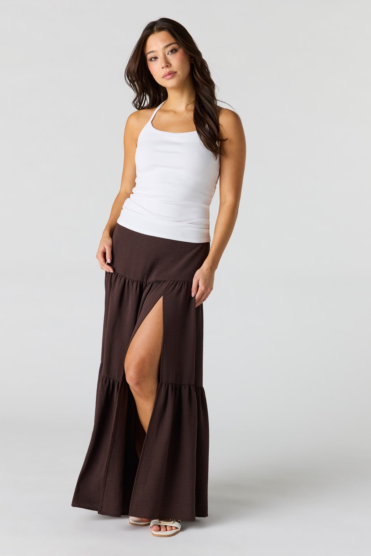 Printed Flowy Tiered Slit Maxi Skirt - Brown