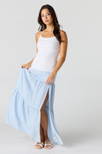 Printed Flowy Tiered Slit Maxi Skirt