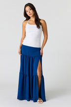 Printed Flowy Tiered Slit Maxi Skirt
