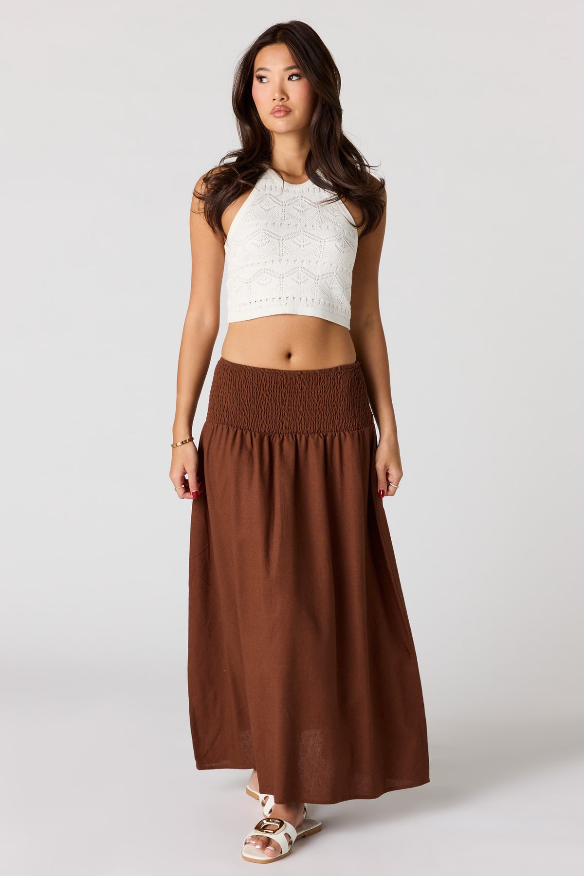 Jupe maxi en mélange de lin à taille plissée