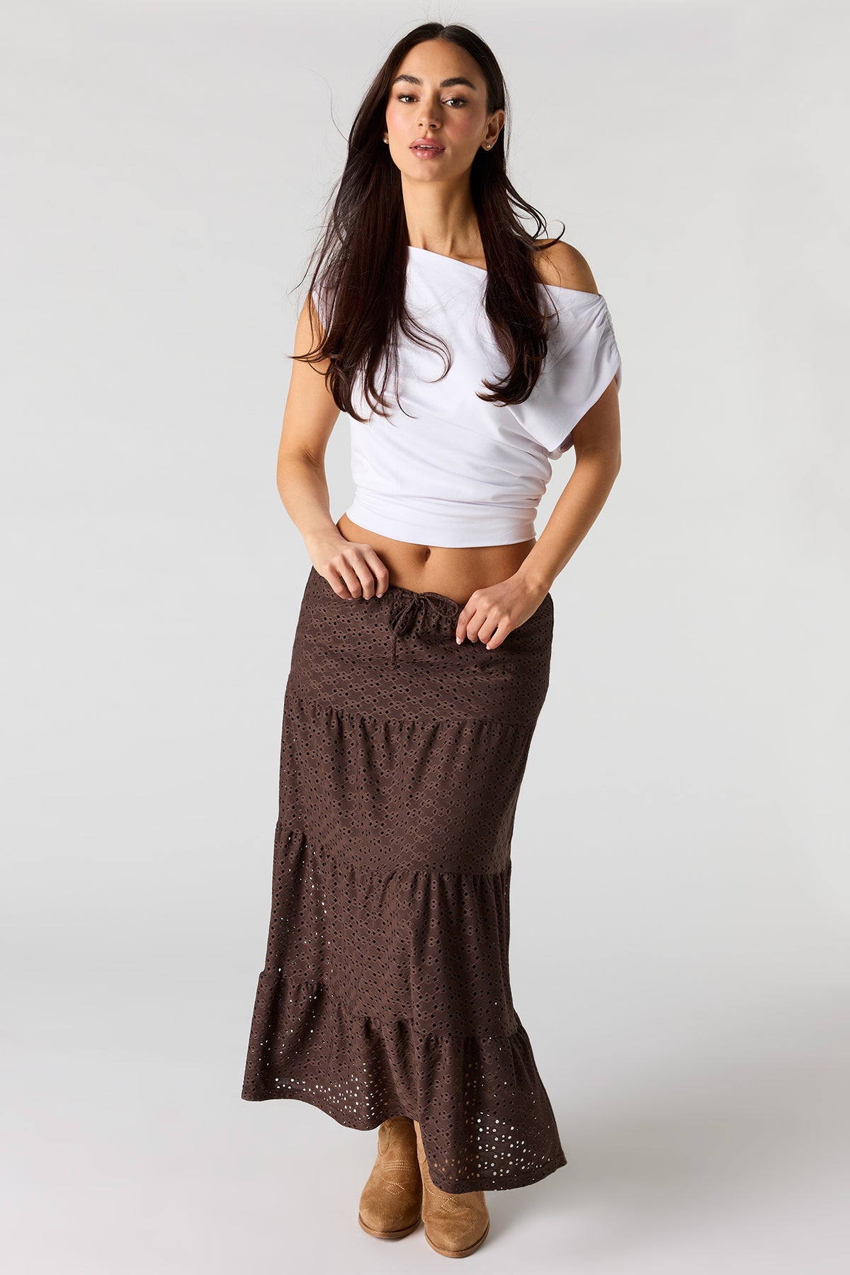 Eyelet Tiered Skirt - Brown