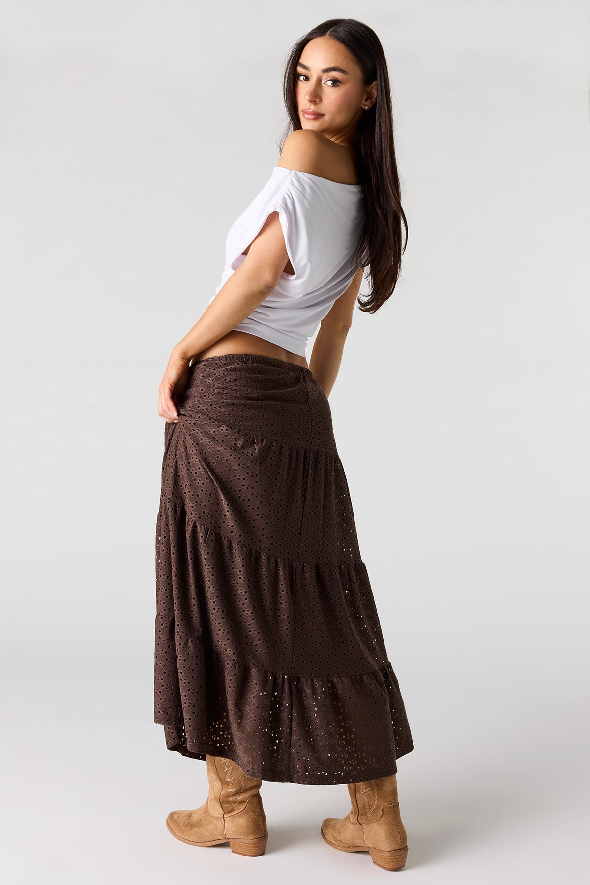 Alt View 2. Eyelet Tiered Skirt - Brown