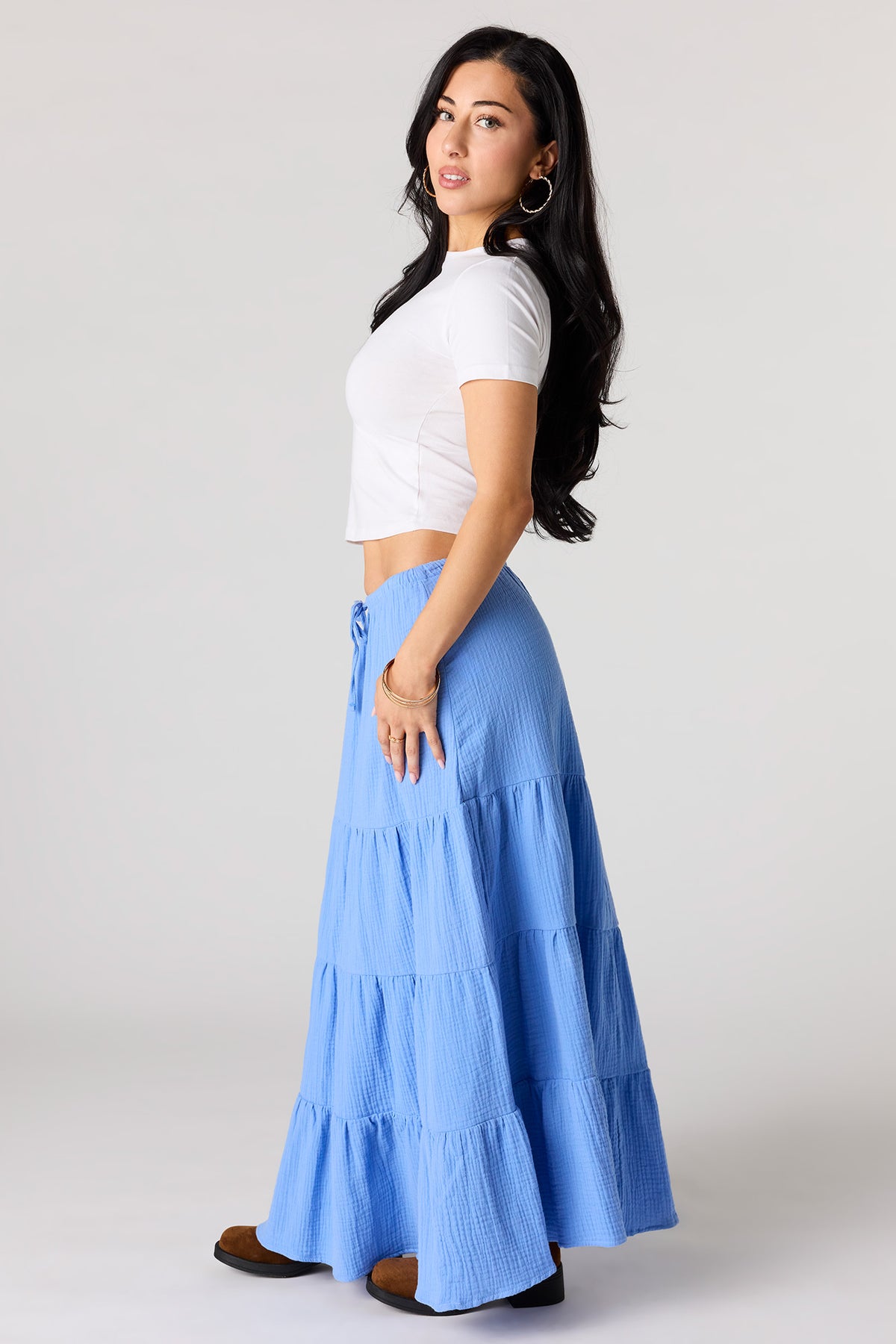 Alt View 2. Crinkled Tiered Maxi Skirt - Light Blue