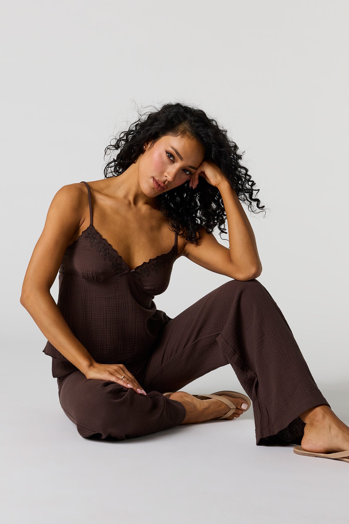 Gauze Wide Leg Pant - Brown