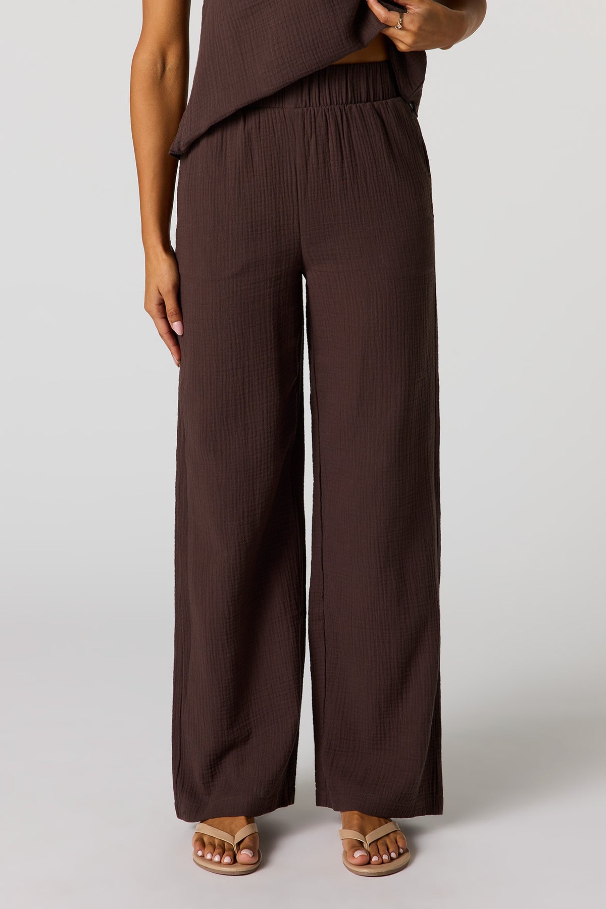 Alt View 2. Gauze Wide Leg Pant - Brown