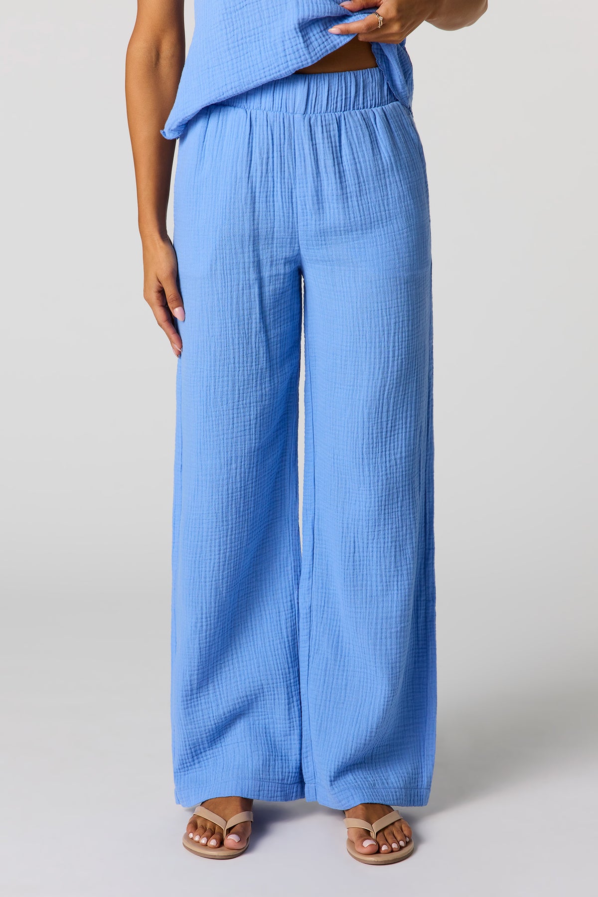 Alt View 2. Gauze Wide Leg Pant - Light Blue