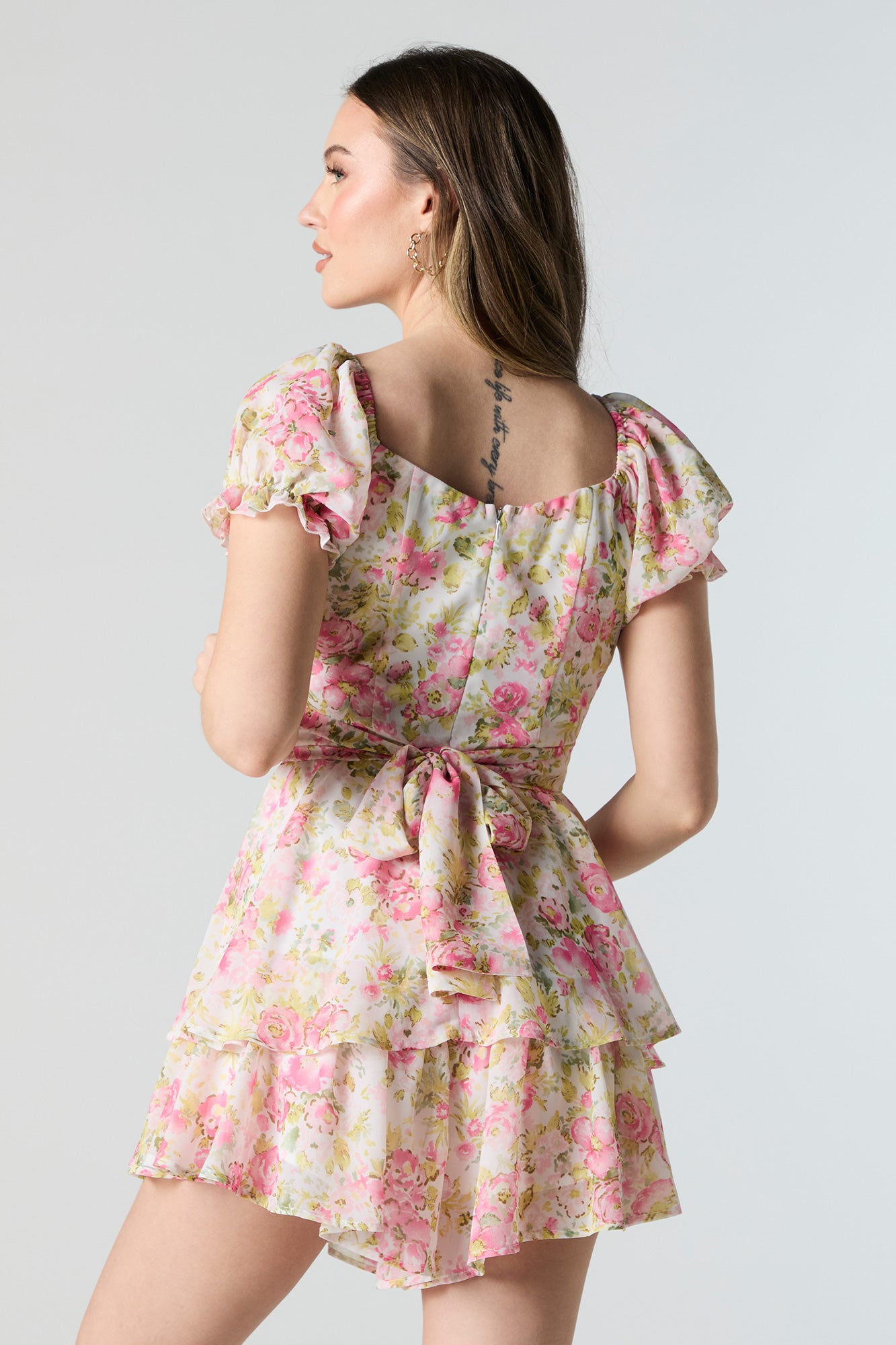 Floral Print Chiffon Tiered Romper