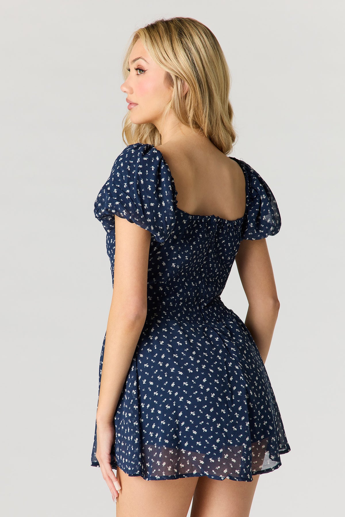 Alt View 2. Floral Ditsy Print Chiffon Romper - Navy