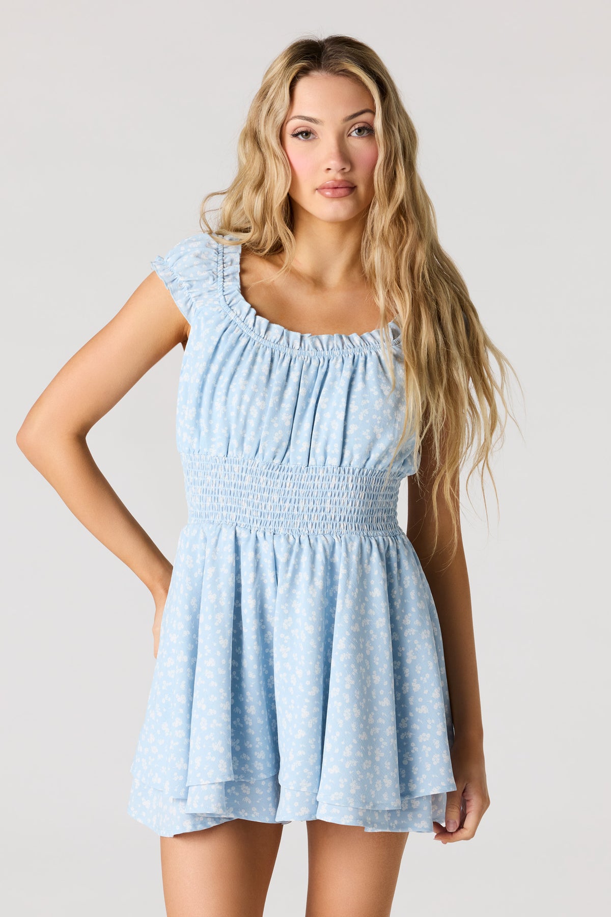 Combi-short smocké imprimé en crêpe
