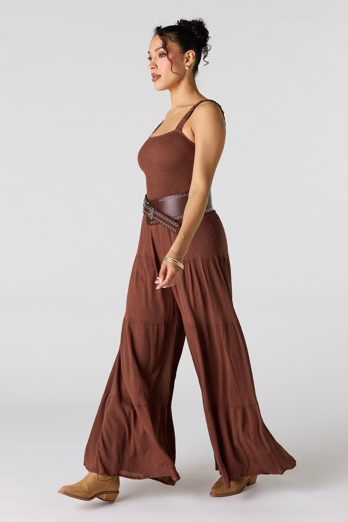 Alt View 2. Textured Wide Leg Jumpsuit - Brown