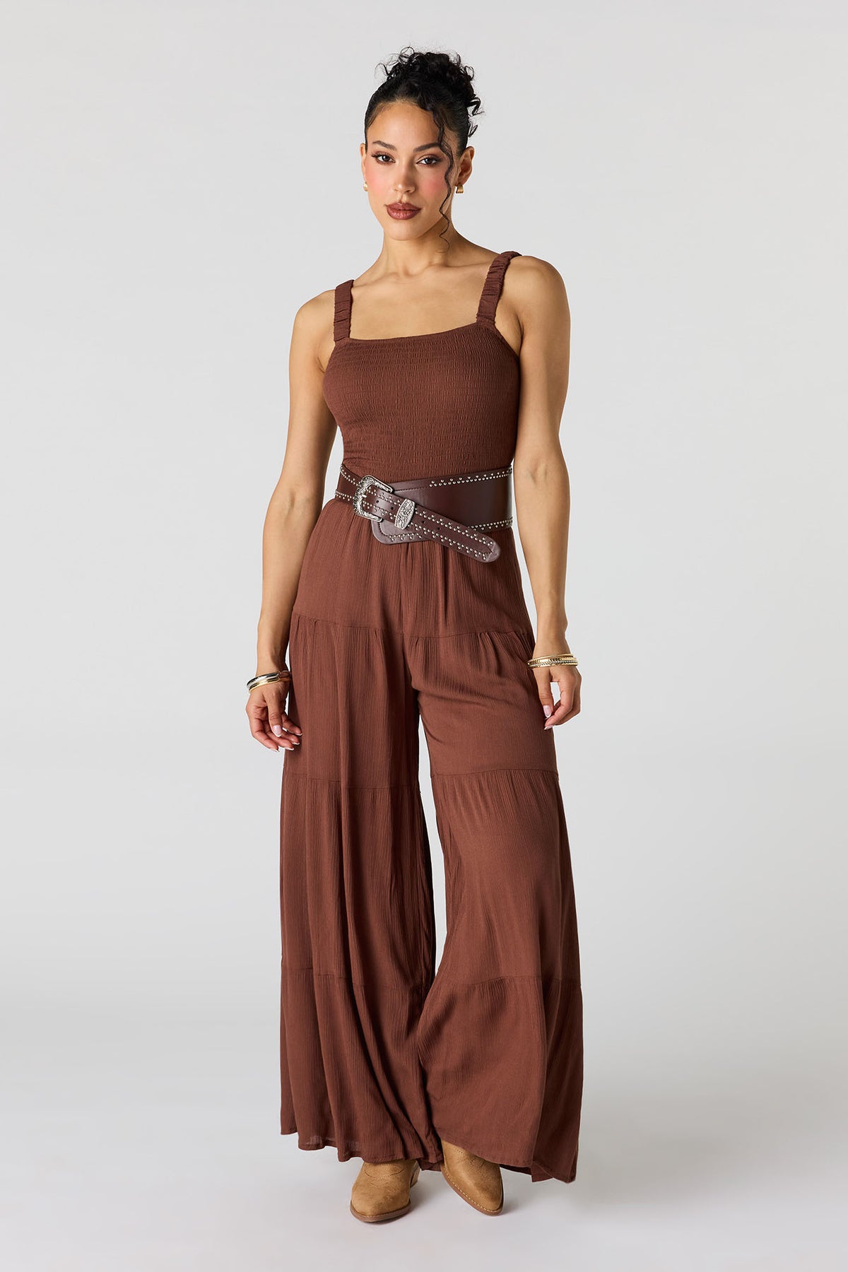 Textured Wide Leg Jumpsuit - Brown