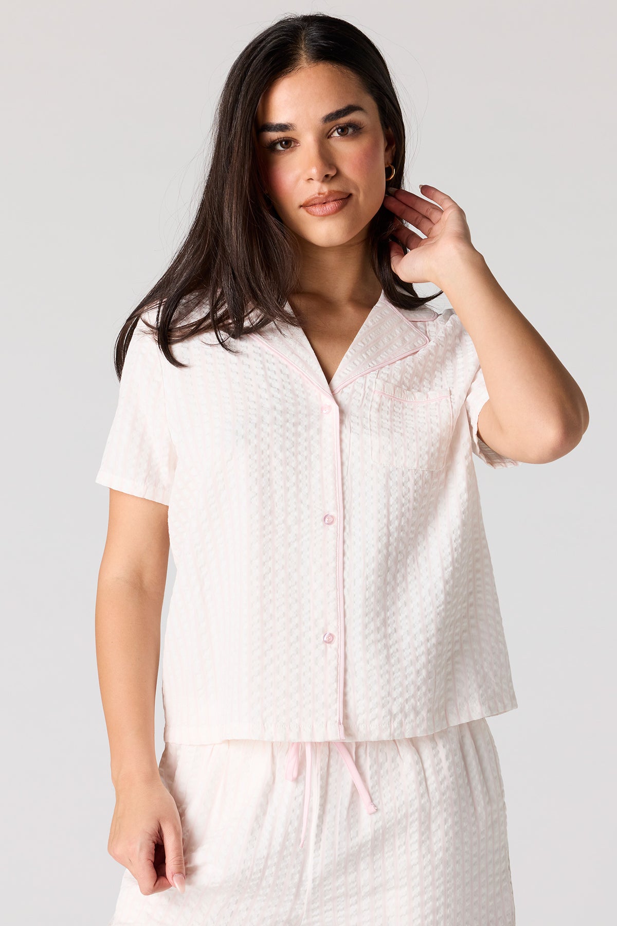 Alt View 2. Striped Button-Up Top & Pant Pajama Set - Pink