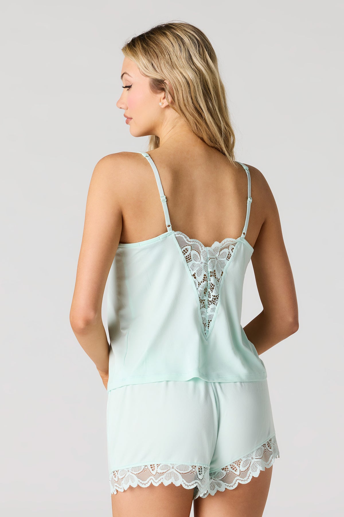 Alt View 2. Lace V-Neck Tank & Short Pajama Set - Aqua