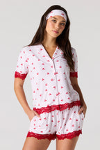 Ensemble pyjama avec haut boutonné à ourlet en dentelle, short et bandeau