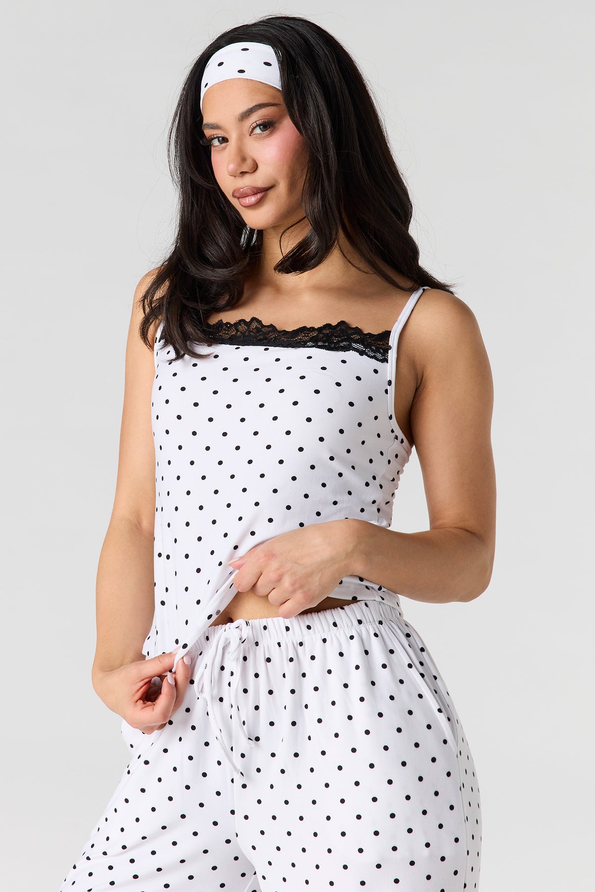 Alt View 2. Printed Lace Trim Tank & Pant & Headband Pajama Set - White