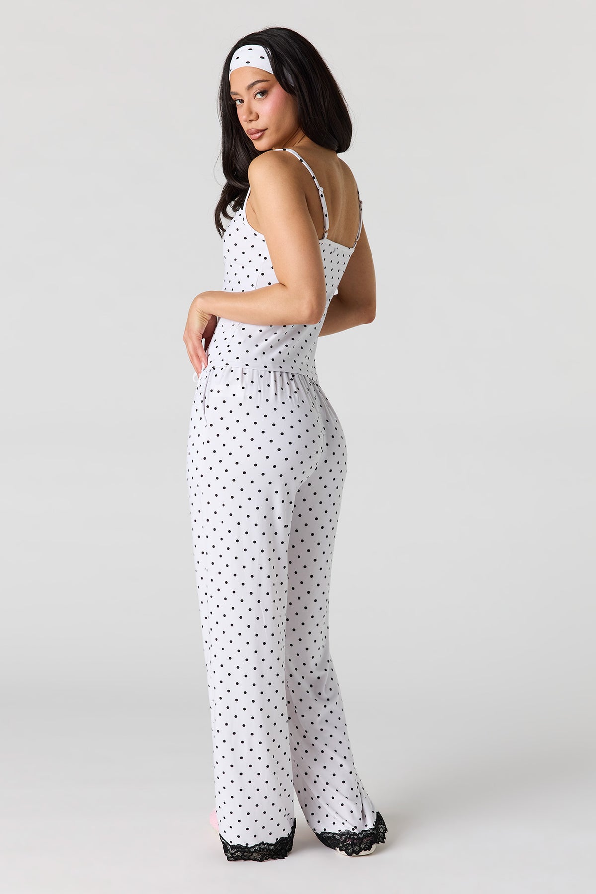 Alt View 4. Printed Lace Trim Tank & Pant & Headband Pajama Set - White