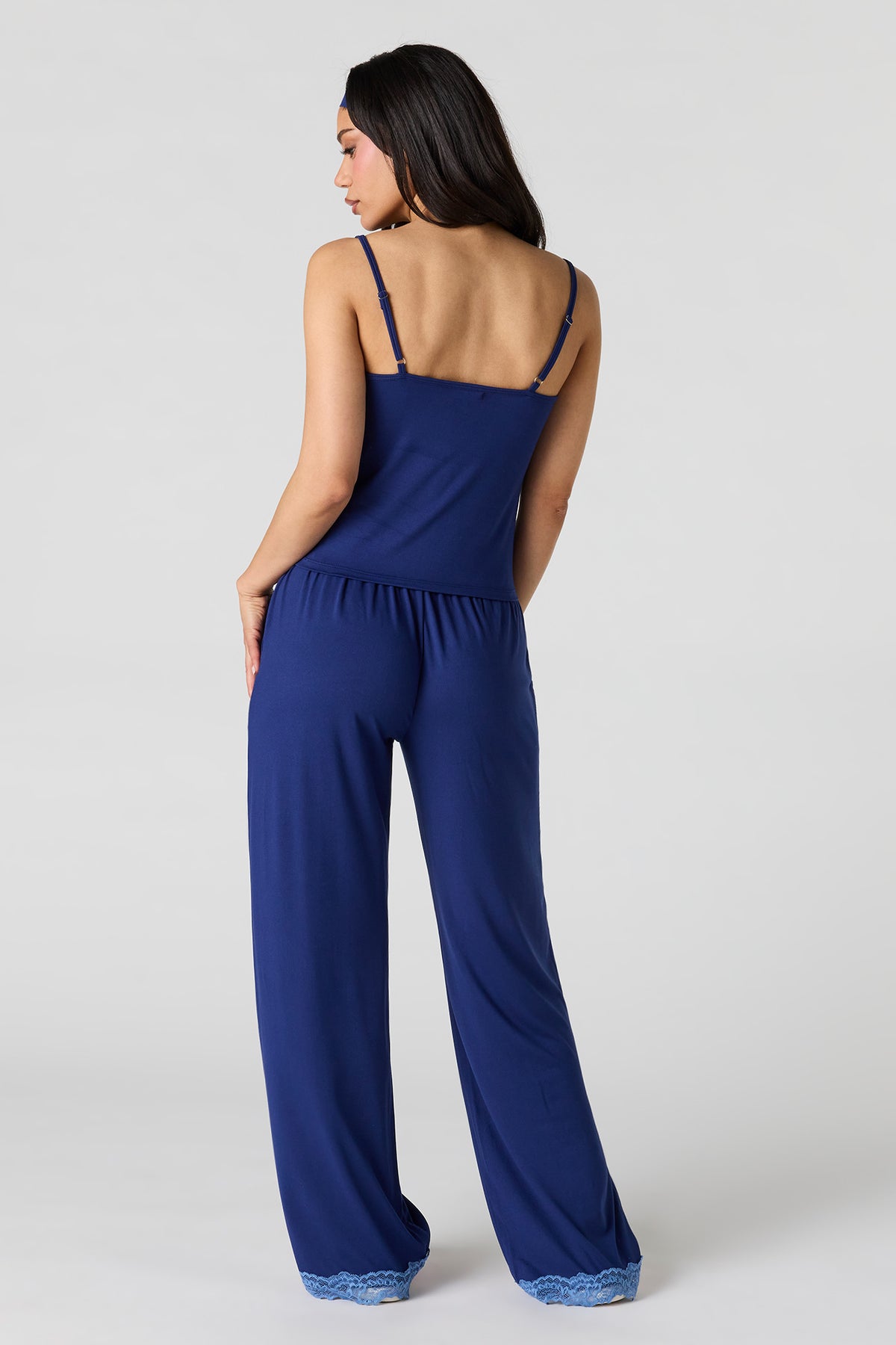 Alt View 4. Printed Lace Trim Tank & Pant & Headband Pajama Set - Dark Blue