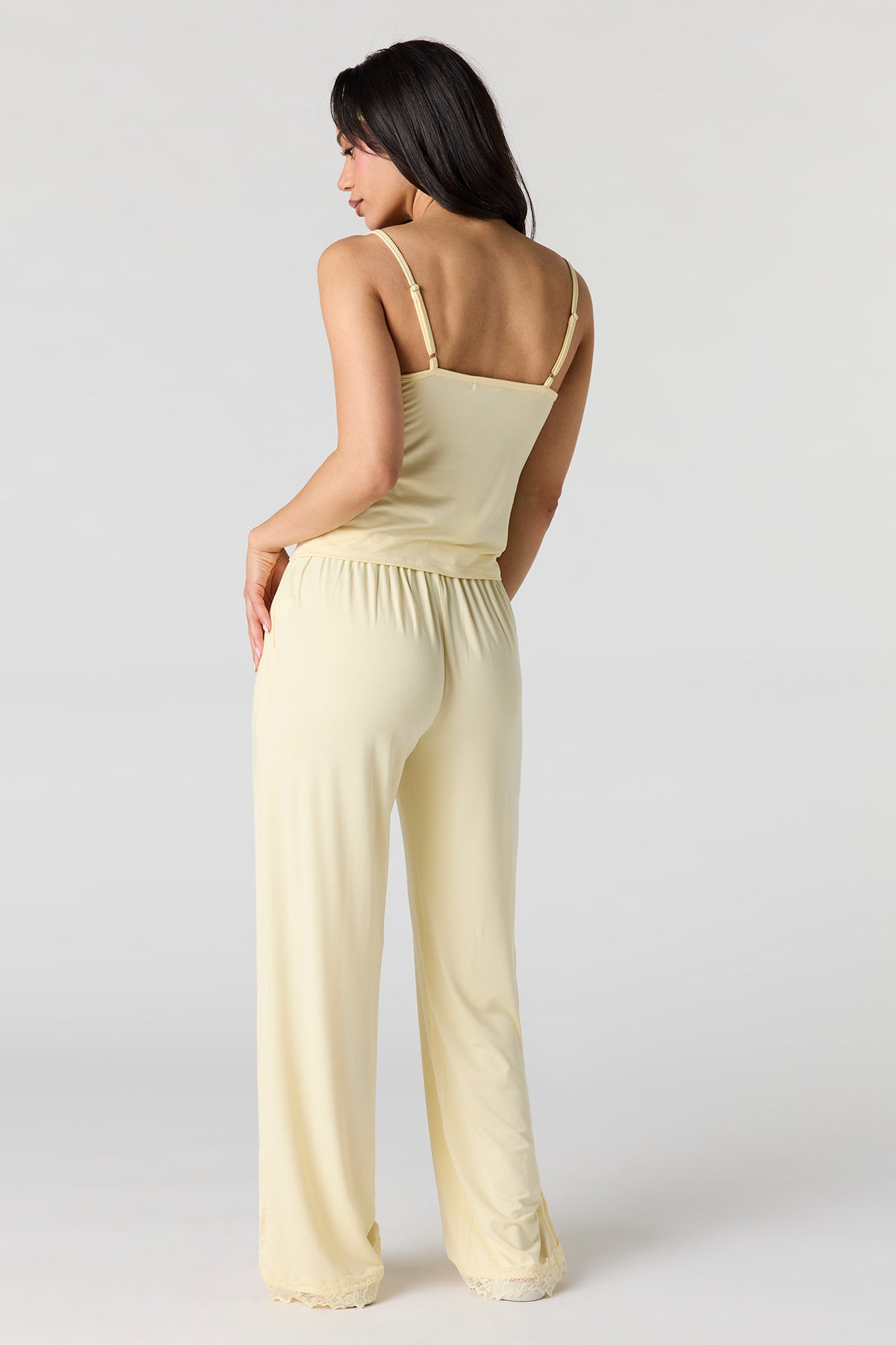 Alt View 4. Printed Lace Trim Tank & Pant & Headband Pajama Set - Pale Yellow
