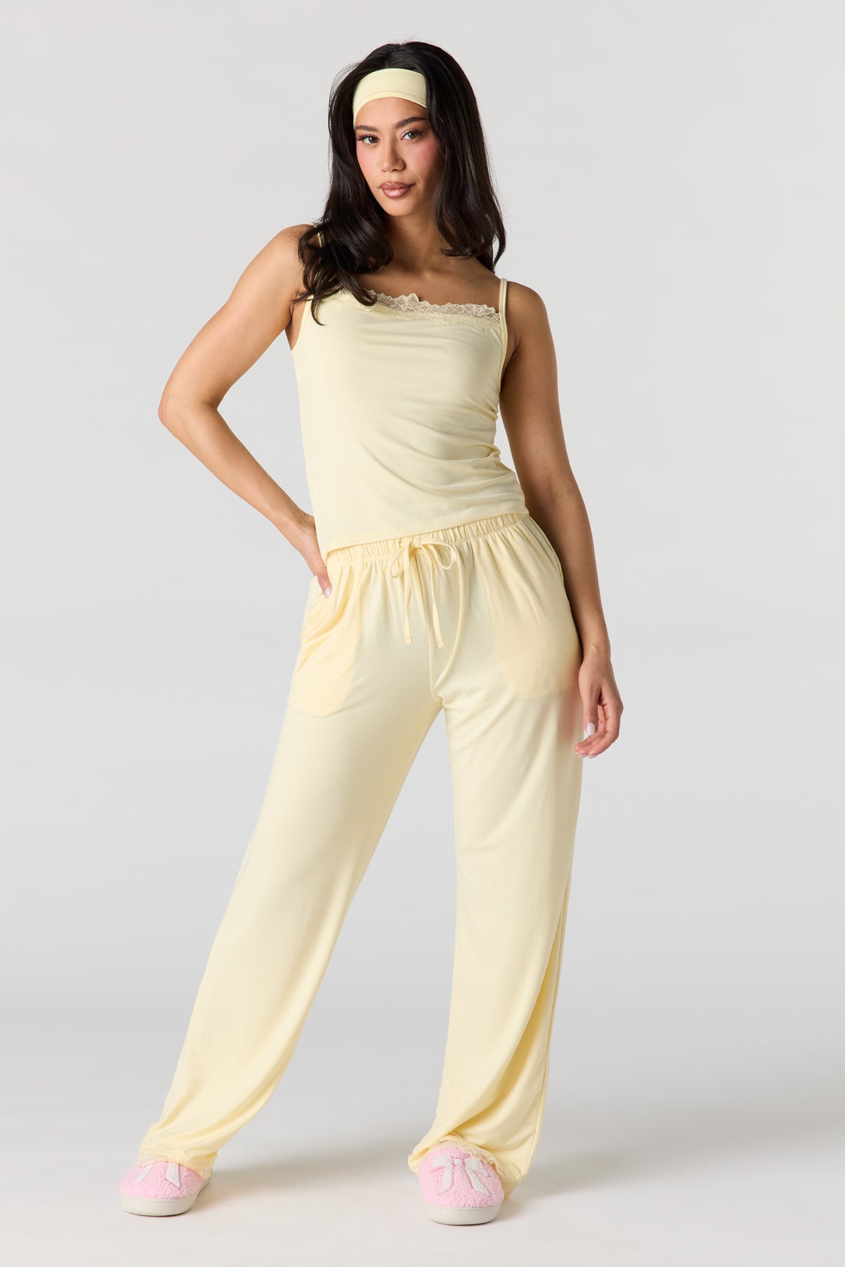 Printed Lace Trim Tank & Pant & Headband Pajama Set - Pale Yellow