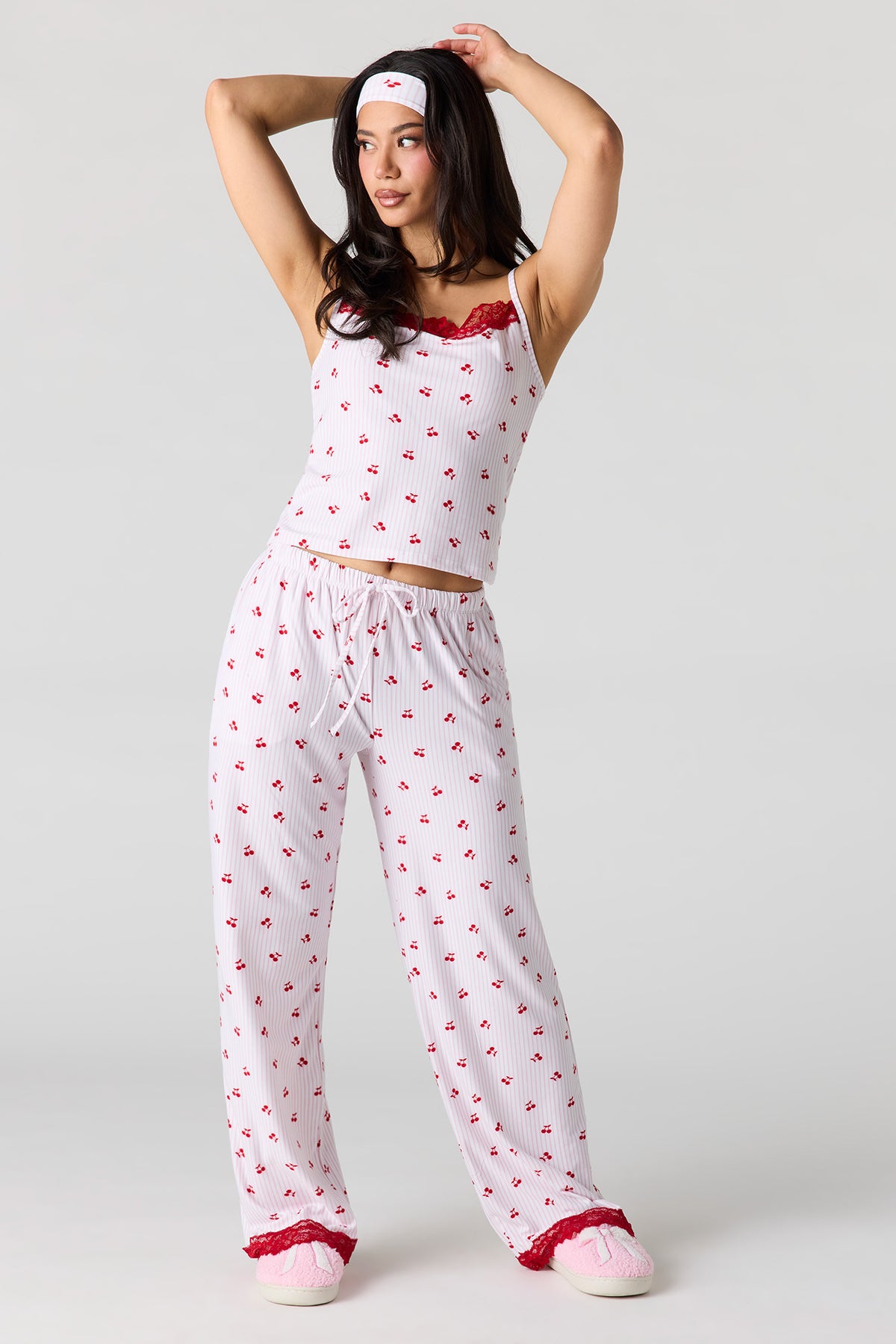 Printed Lace Trim Tank & Pant & Headband Pajama Set - Pink