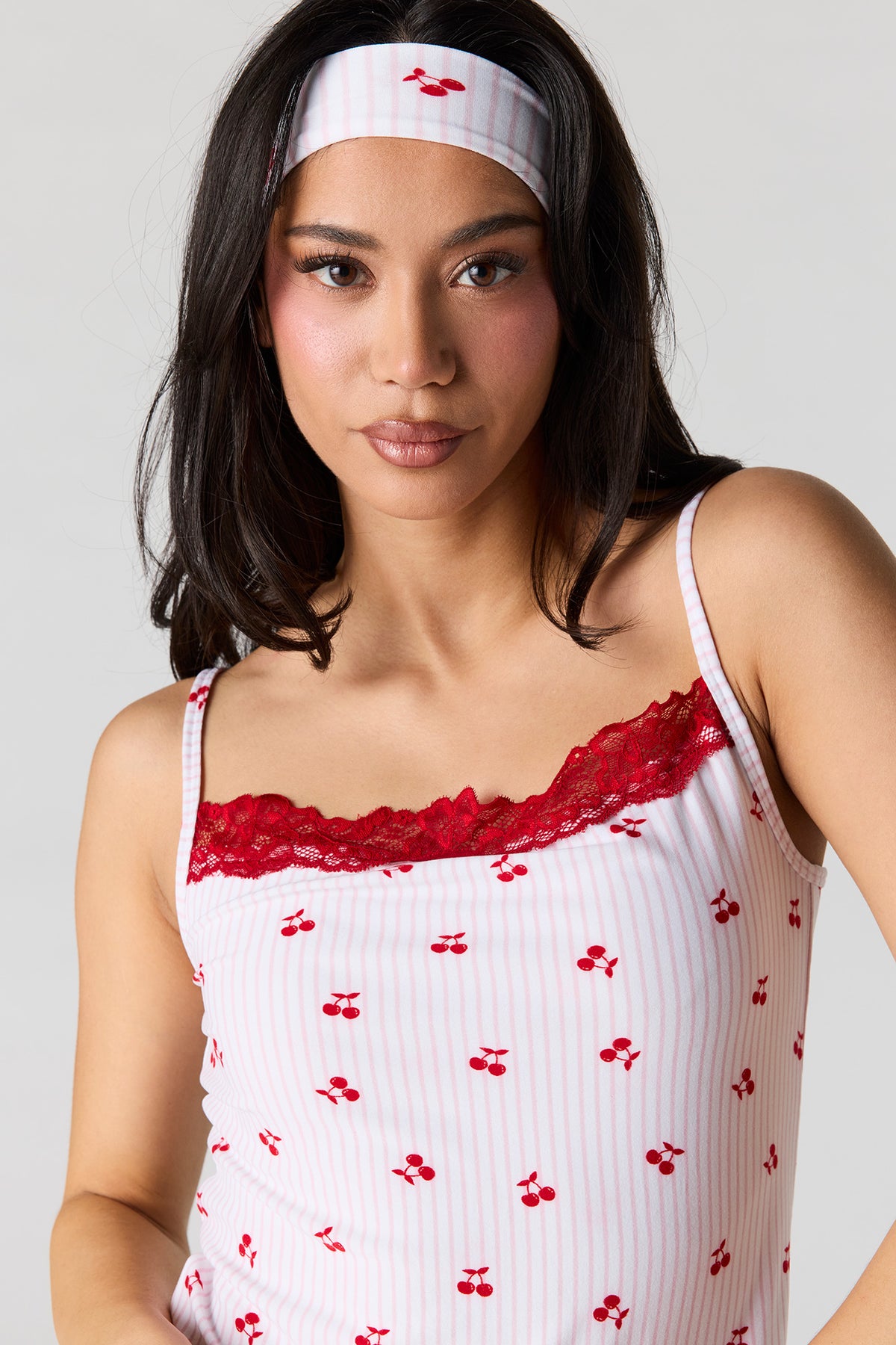 Alt View 5. Printed Lace Trim Tank & Pant & Headband Pajama Set - Pink