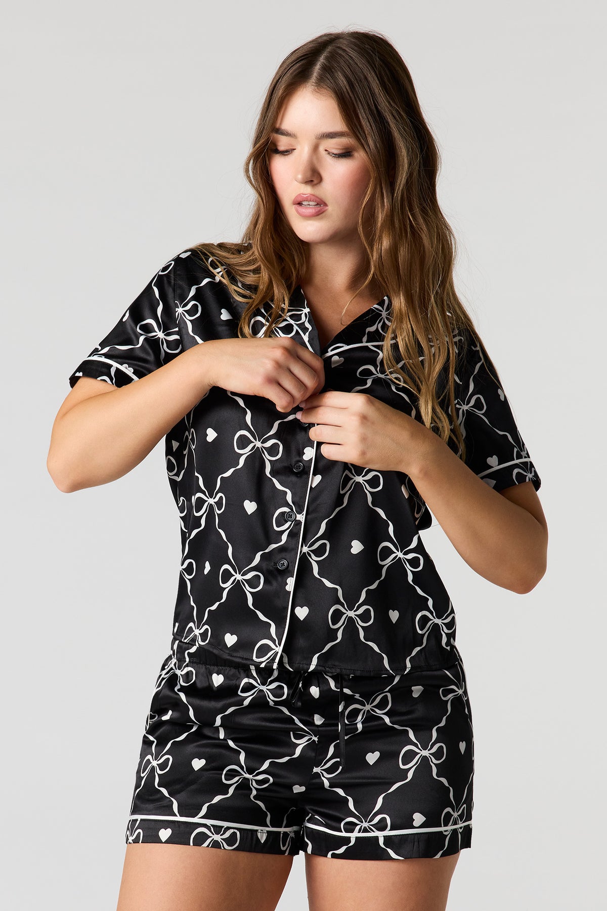 Satin Printed Button-Up Shirt & Short Pajama Set - Black