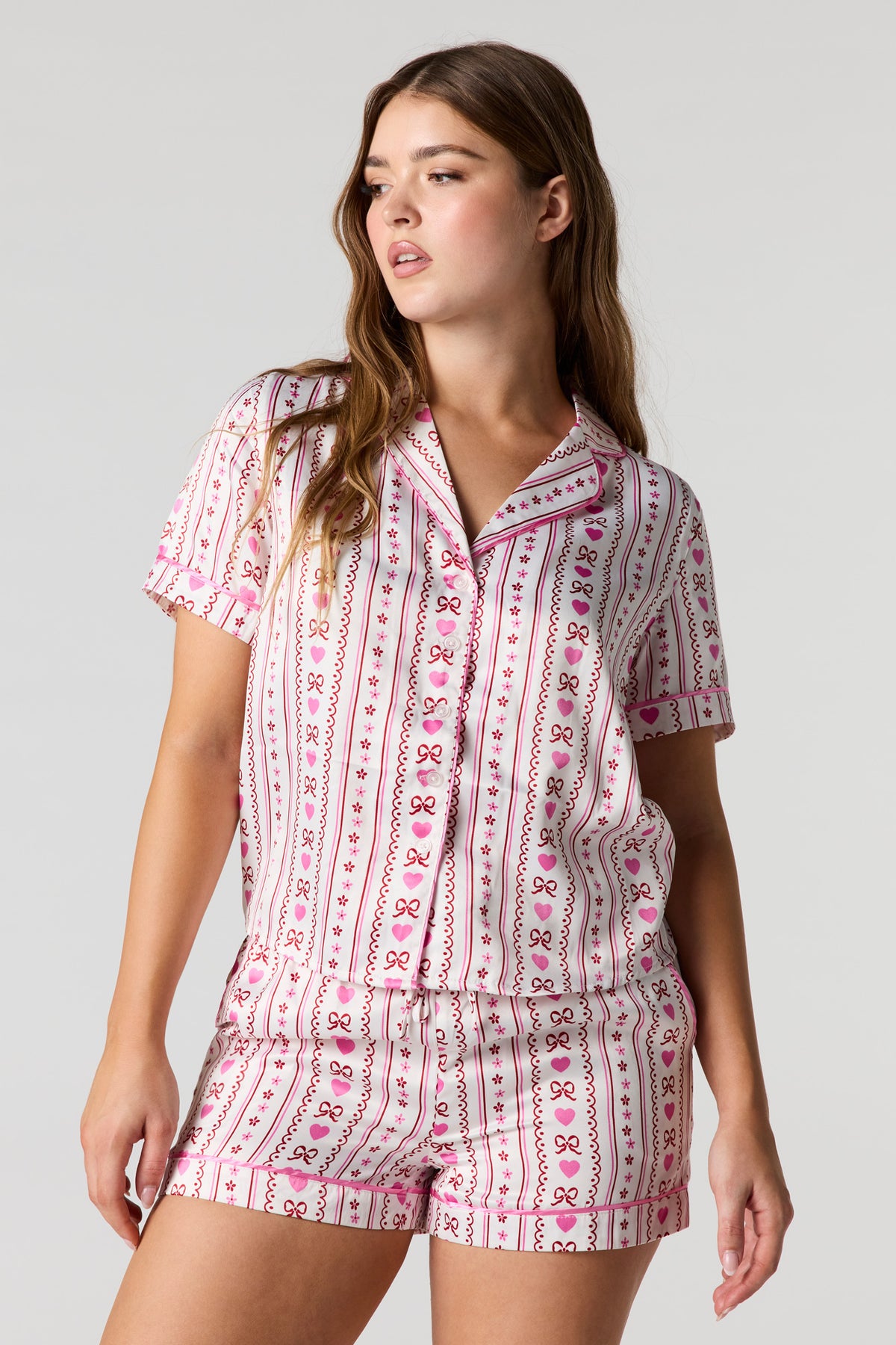 Satin Printed Button-Up Shirt & Short Pajama Set - Light Pink