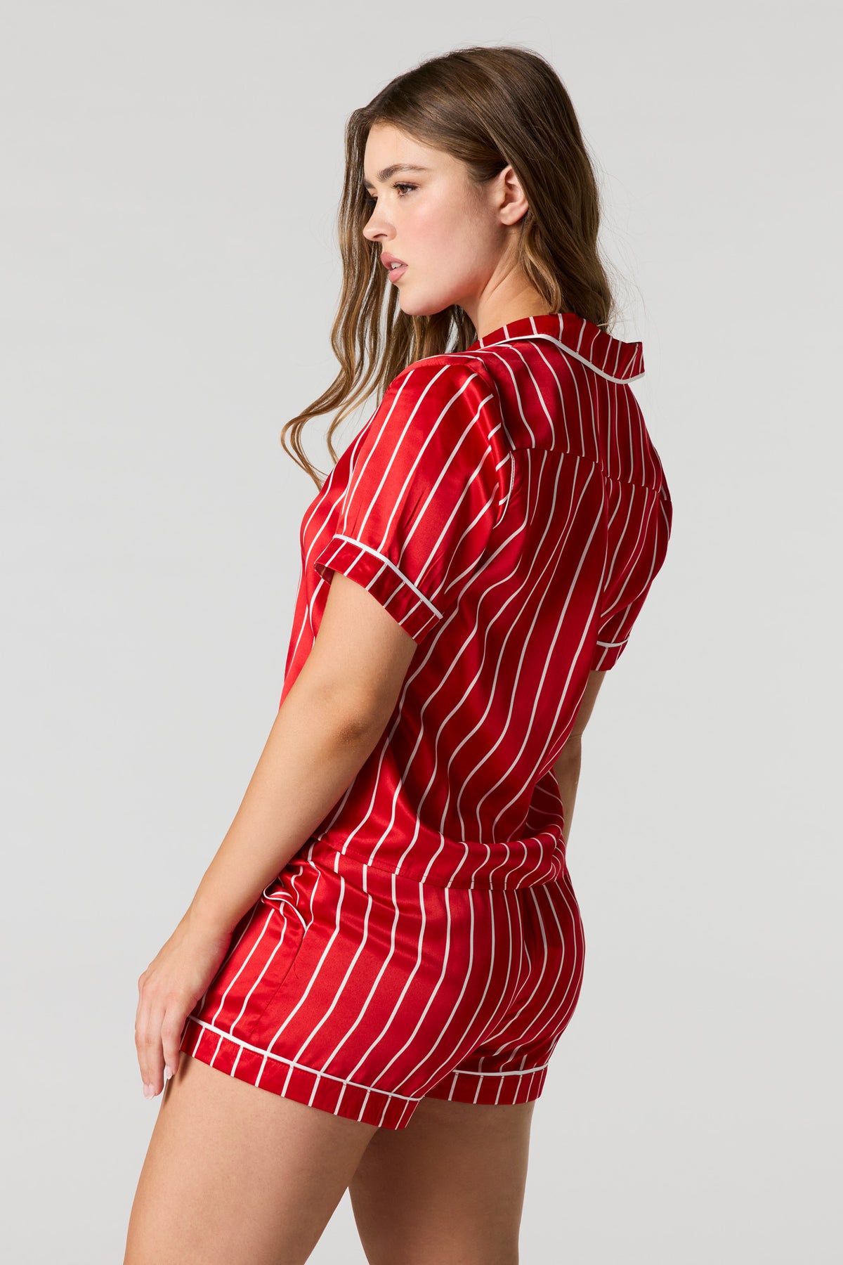 Alt View 2. Satin Printed Button-Up Shirt & Short Pajama Set - Red