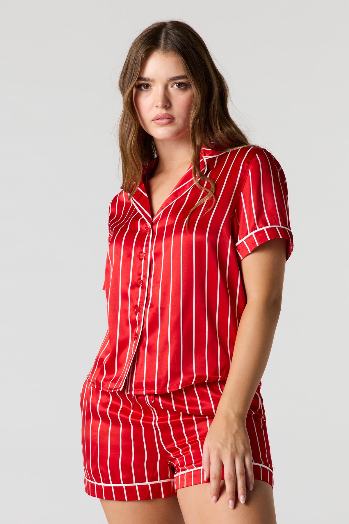 Satin Printed Button-Up Shirt & Short Pajama Set - Red