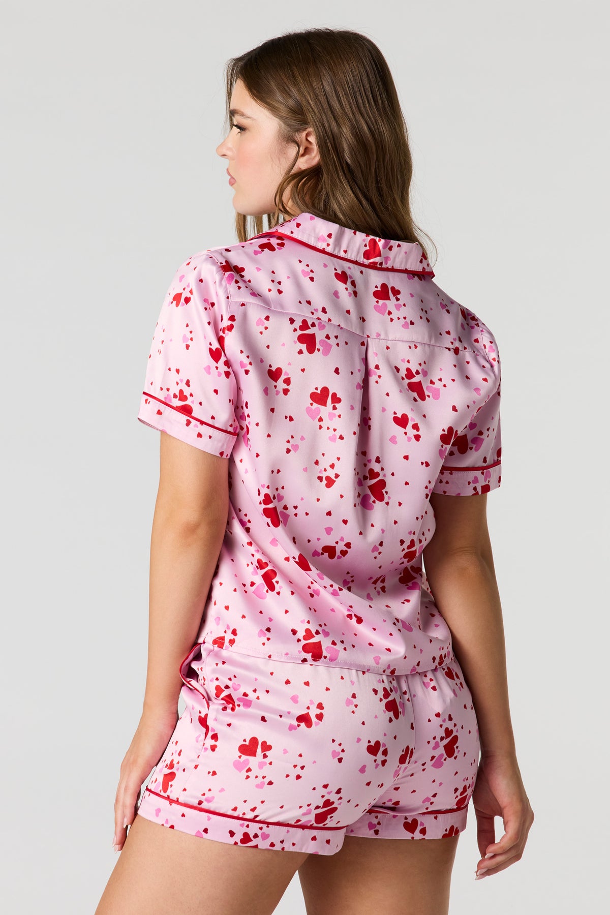 Alt View 2. Satin Printed Button-Up Shirt & Short Pajama Set - Pink