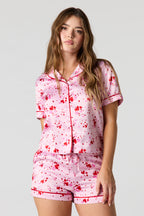 Satin Printed Button-Up Shirt & Short Pajama Set