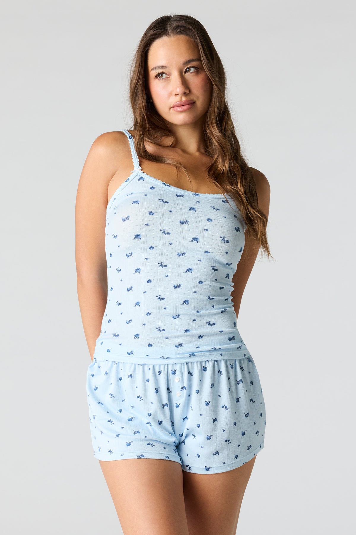 Pointelle Printed Tank & Short Pajama Set - Baby Blue