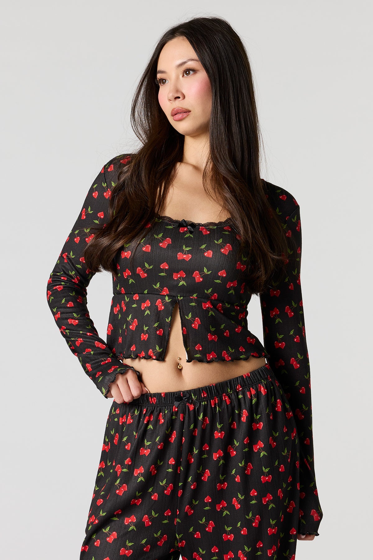 Alt View 2. Ribbed Printed Long Sleeve Top & Pant Pajama Set - Black