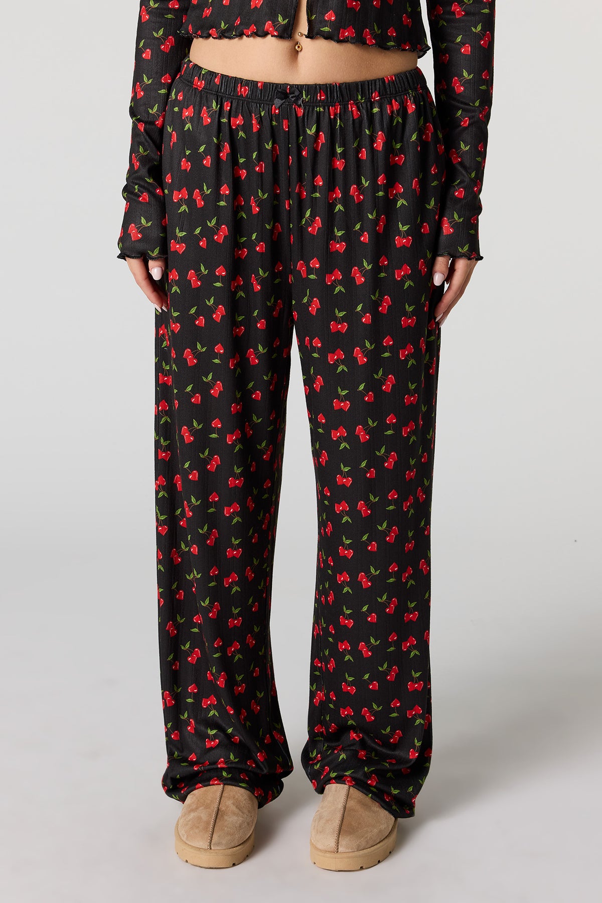 Alt View 3. Ribbed Printed Long Sleeve Top & Pant Pajama Set - Black