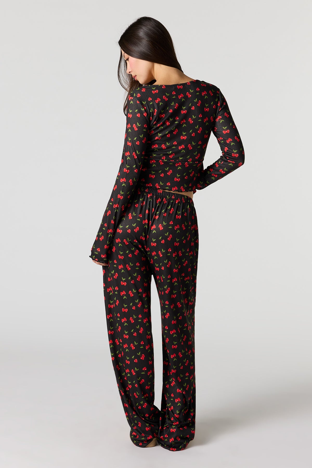 Alt View 4. Ribbed Printed Long Sleeve Top & Pant Pajama Set - Black