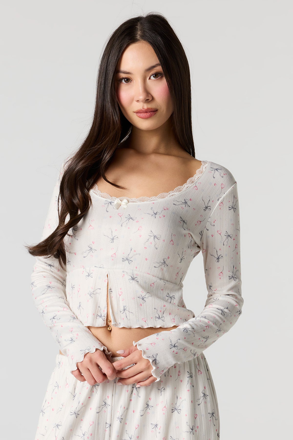 Alt View 2. Ribbed Printed Long Sleeve Top & Pant Pajama Set - Cream