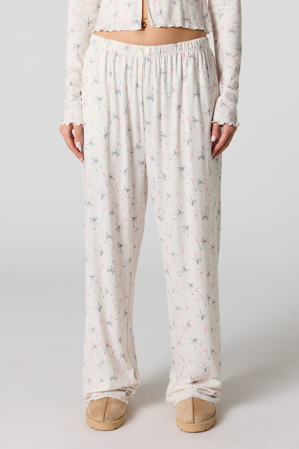 Alt View 3. Ribbed Printed Long Sleeve Top & Pant Pajama Set - Cream