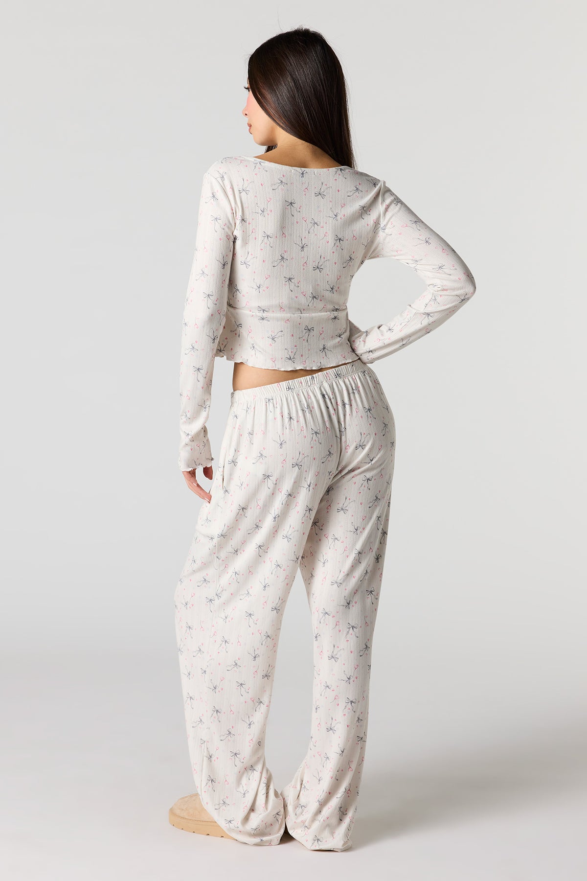 Alt View 4. Ribbed Printed Long Sleeve Top & Pant Pajama Set - Cream