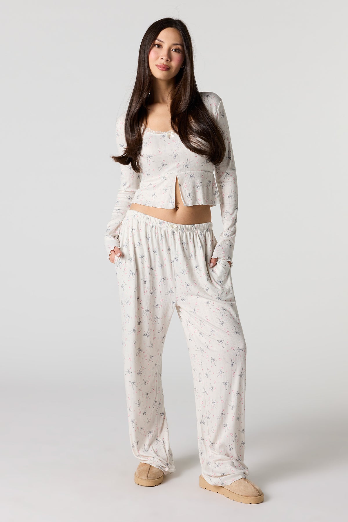 Ribbed Printed Long Sleeve Top & Pant Pajama Set - Cream