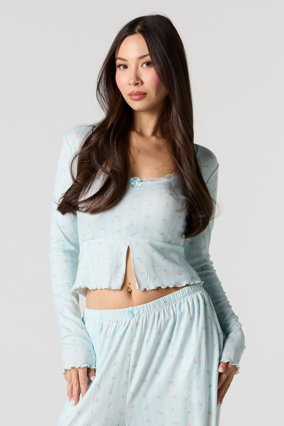 Alt View 2. Ribbed Printed Long Sleeve Top & Pant Pajama Set - Baby Blue