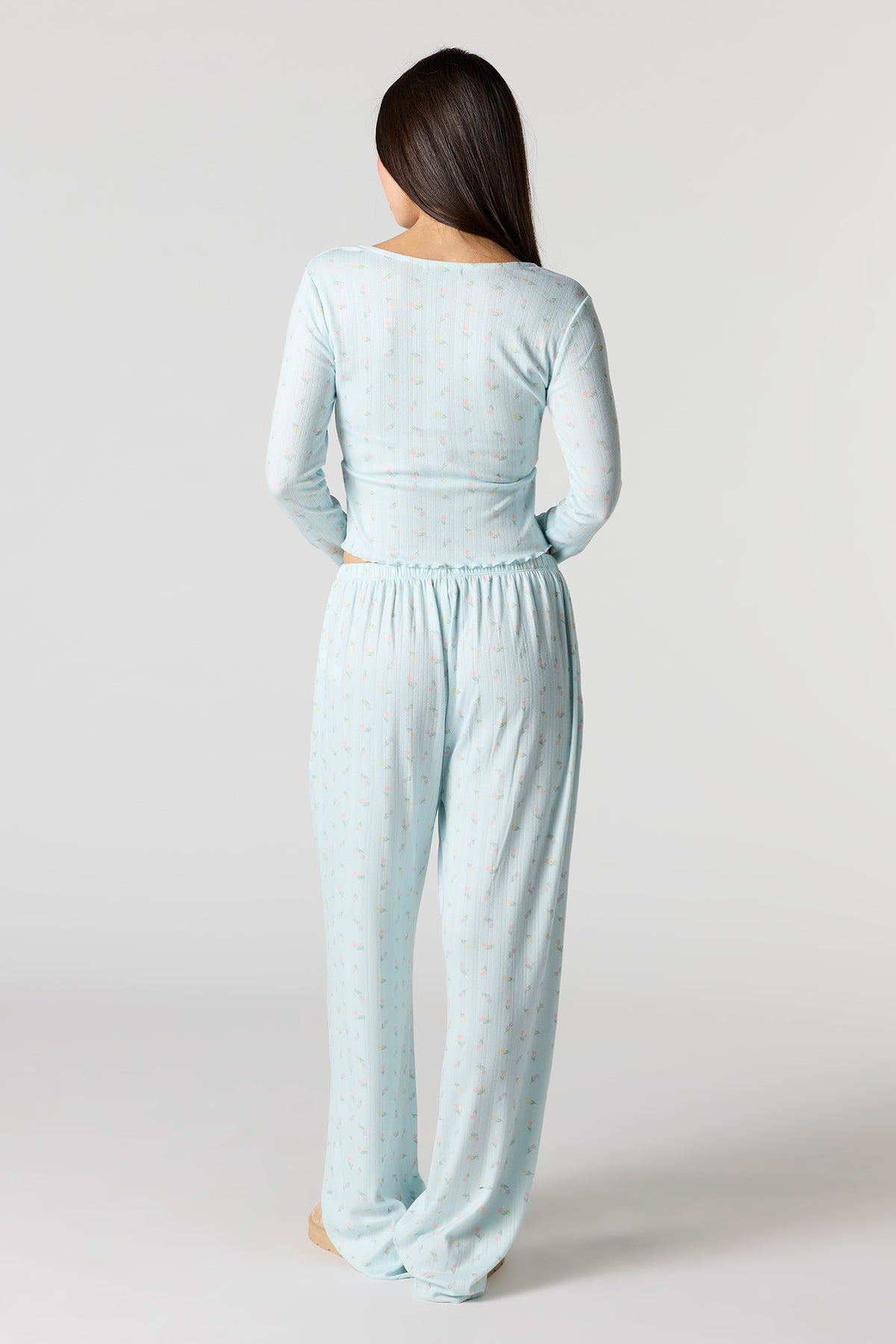 Alt View 4. Ribbed Printed Long Sleeve Top & Pant Pajama Set - Baby Blue