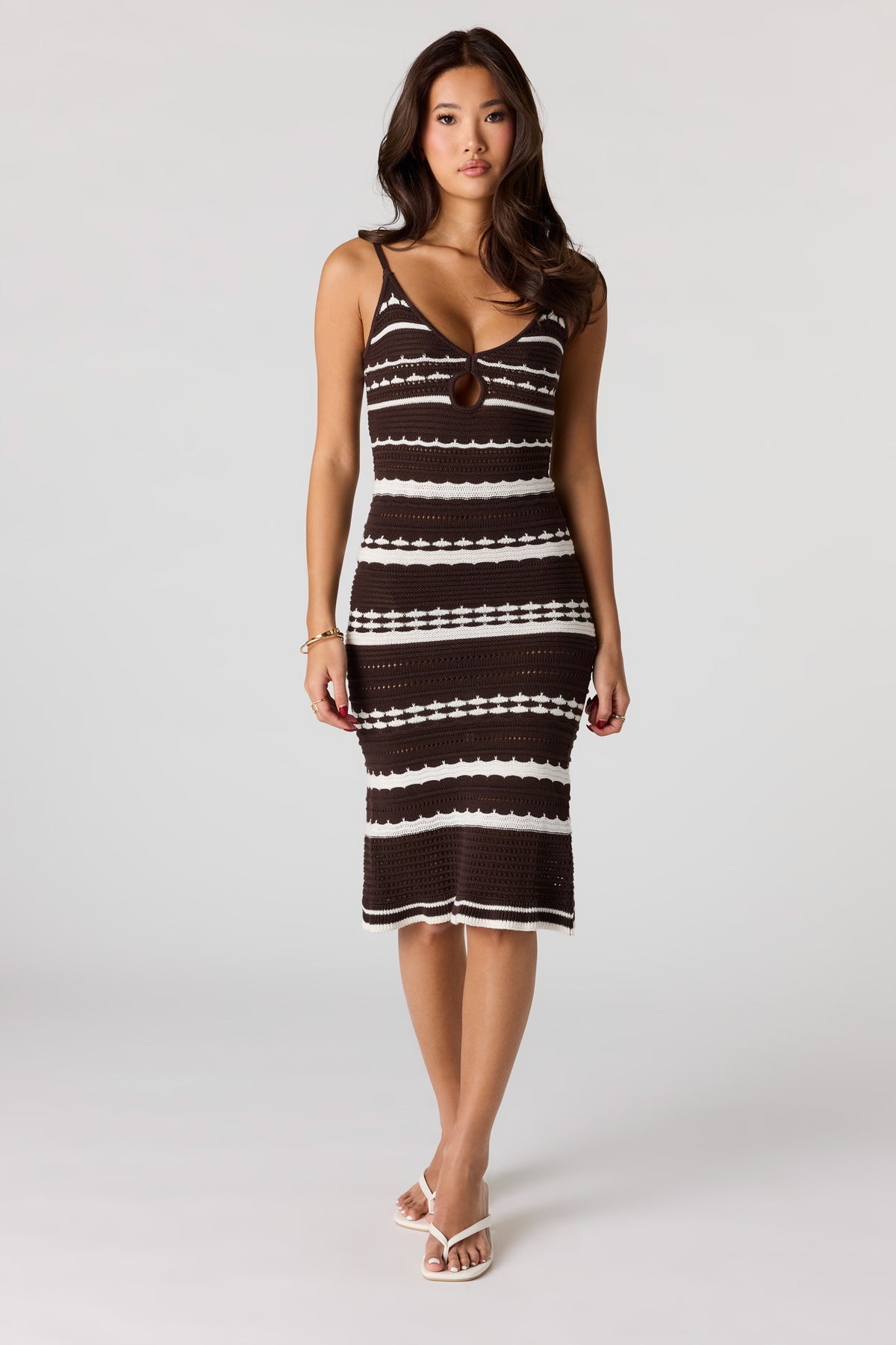 Crochet Keyhole Cut-Out Midi Dress - Brown