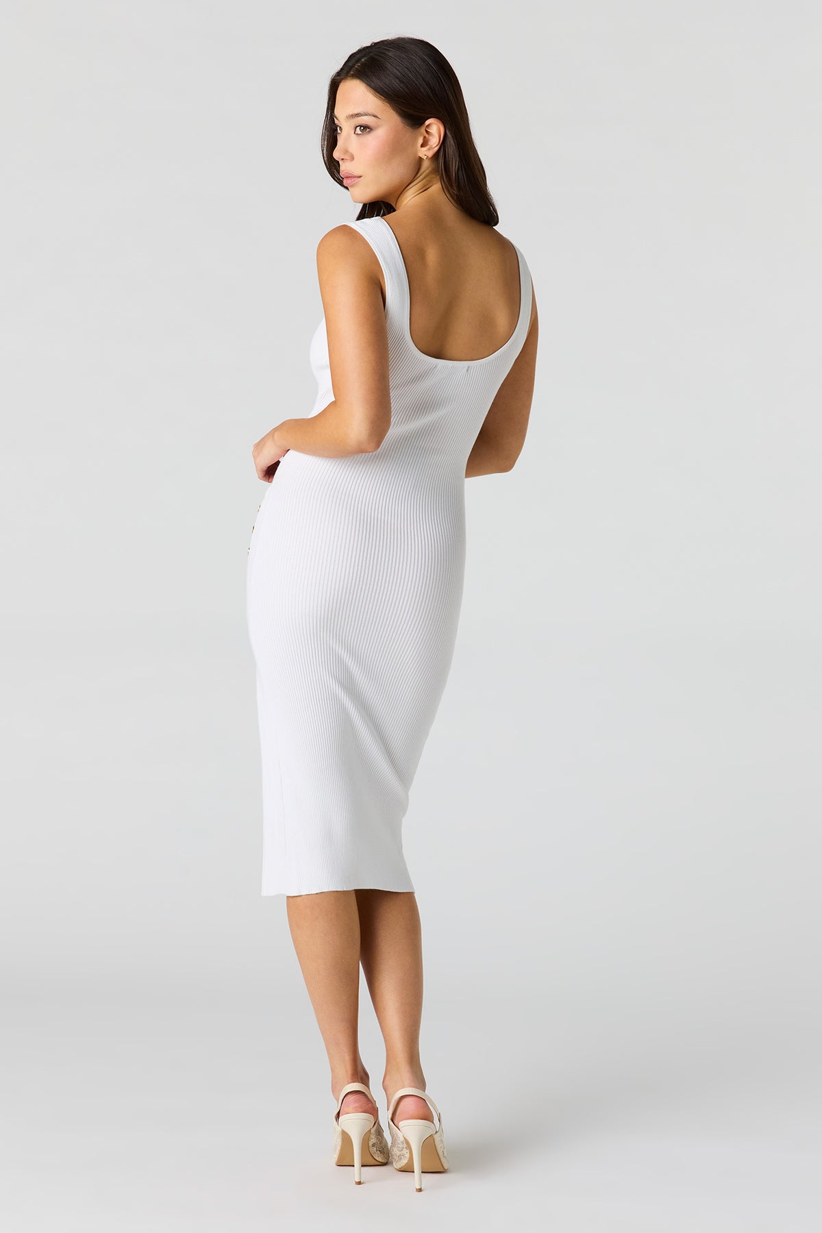 Alt View 3. Ribbed Knit Button Side Midi Dress - White