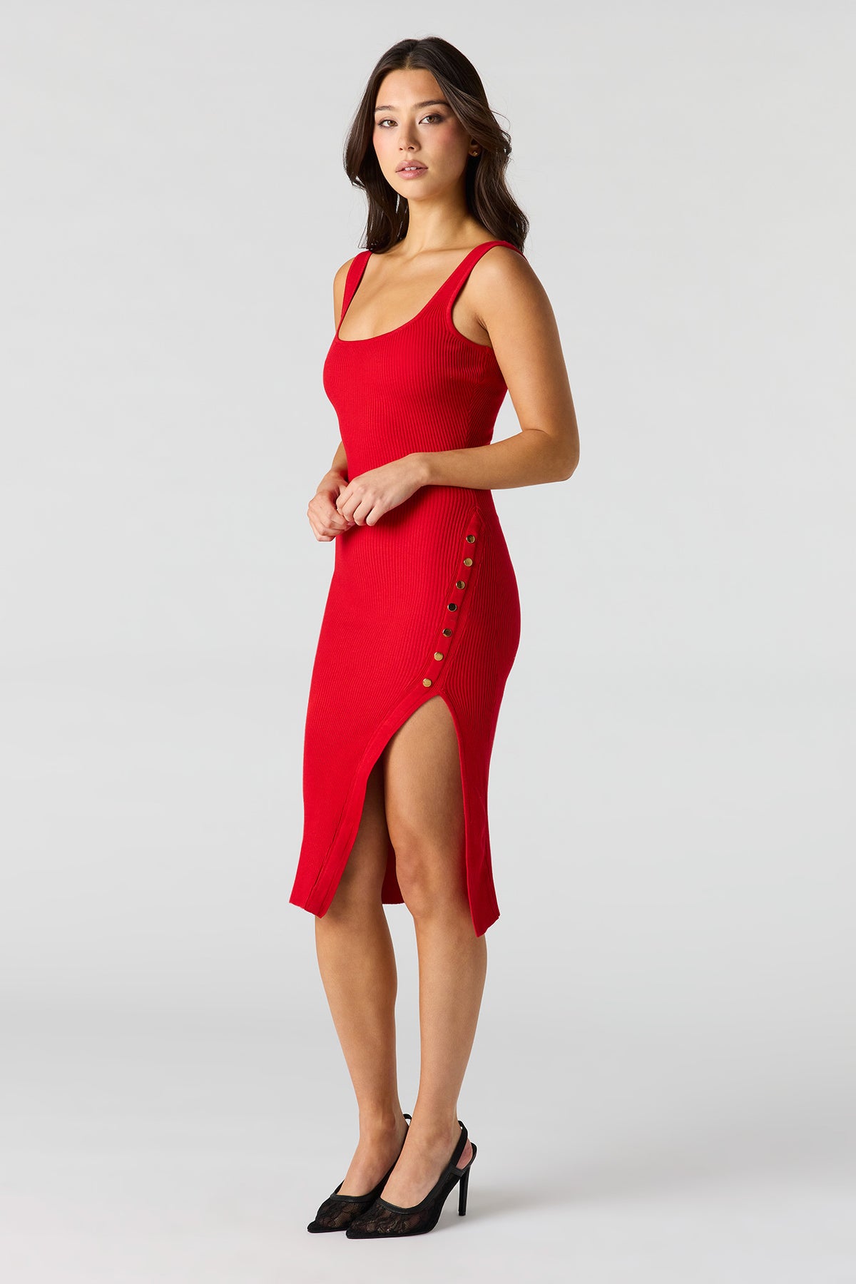 Alt View 2. Ribbed Knit Button Side Midi Dress - Red
