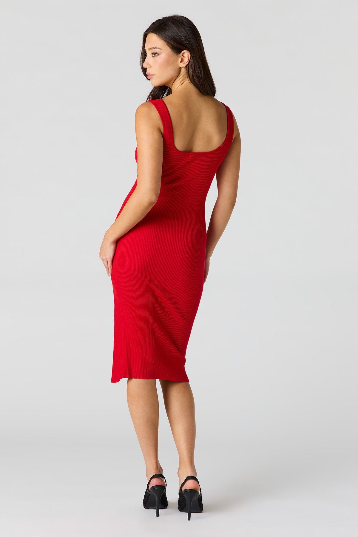 Alt View 3. Ribbed Knit Button Side Midi Dress - Red