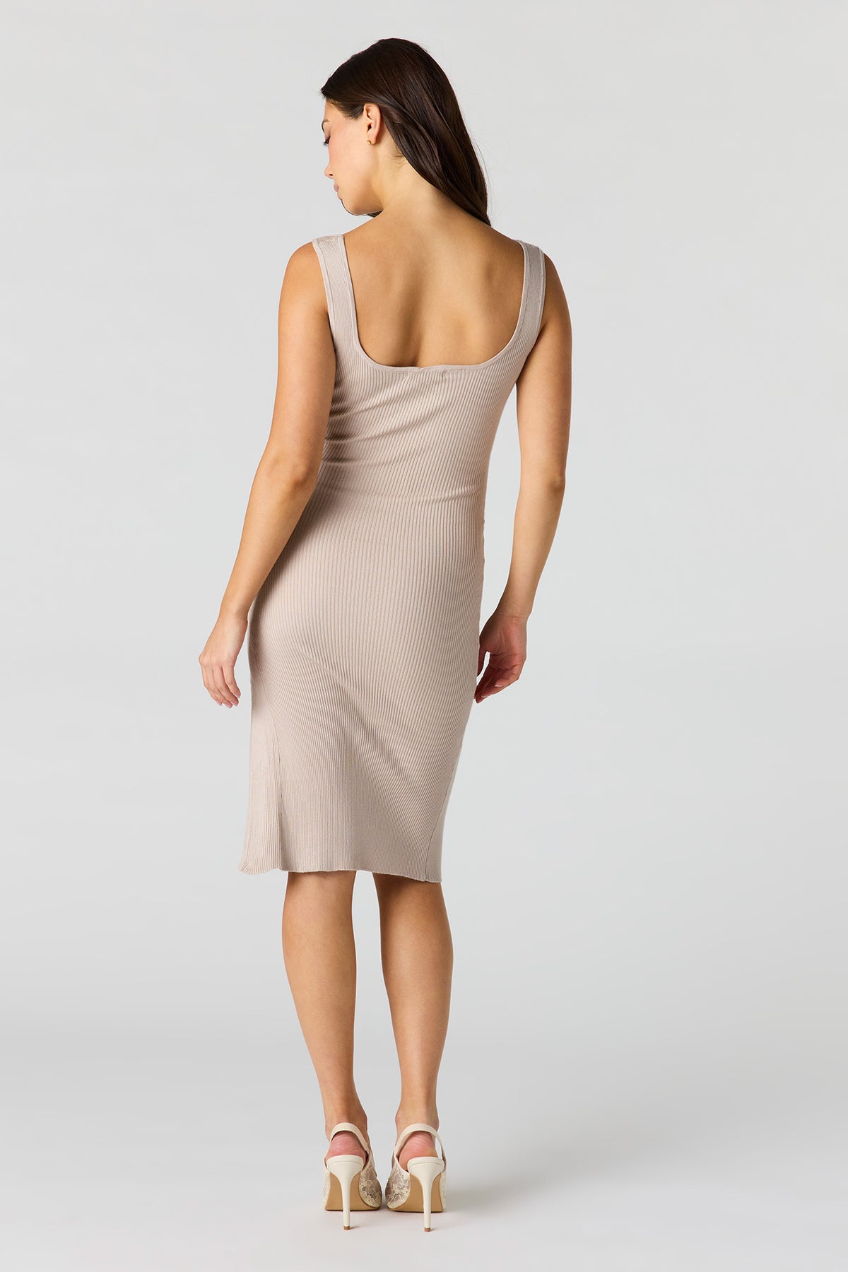 Alt View 3. Ribbed Knit Button Side Midi Dress - Taupe